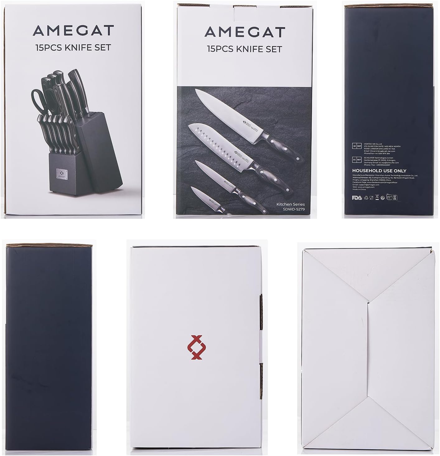 AMEGAT 15-Piece Knife Set with Built-in Sharpener and Carving Fork, Ultra  Sharp Knife Block Set with Full Tang Design & Wooden Handle, High Carbon